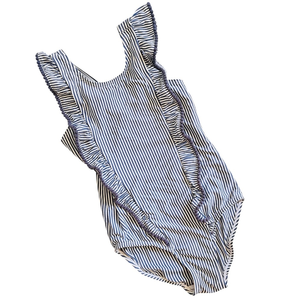 LIZENS Kids Striped One-Piece Swimsuit Blue & White Pom Pom Size 7-8
